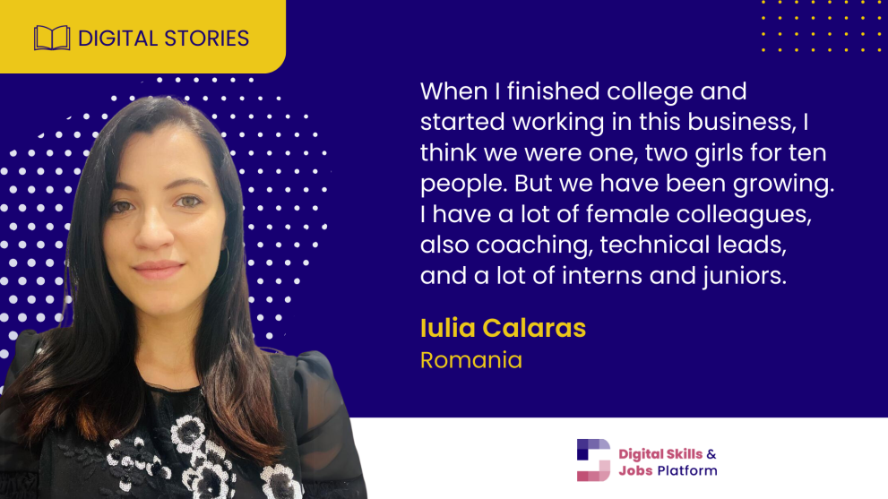 A quote by Iulia Calaras, a technical lead in Romania that explains the changes in the ICT field and the growing number of women working in it.. The quote is accompanied by a photo of Iulia