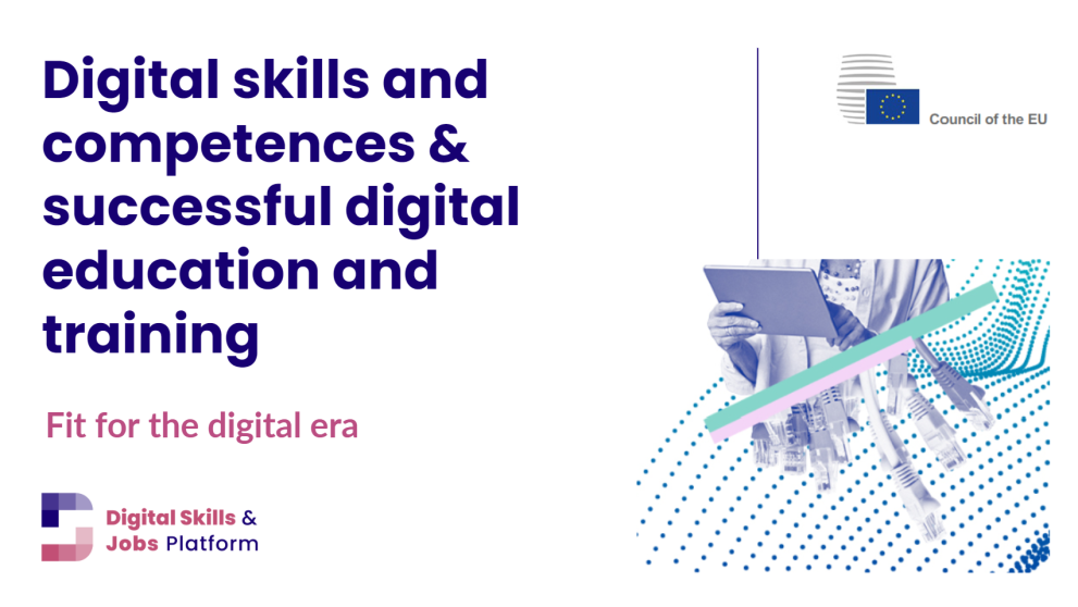 Reklāmkarogs ar Eiropadomes un DSJP logotipu ar tekstu. Teksts ir šāds: Digitālās prasmes un kompetences un sekmīga digitālā izglītība un apmācība: gatavība digitālajam laikmetam