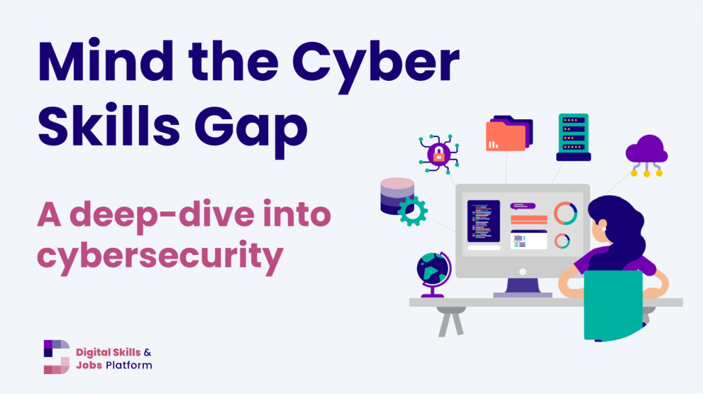 Illustrazione di una donna seduta davanti a un computer, con testo. Il testo recita: &quot;Ricorda il divario delle competenze informatiche: uno sguardo profondo alla cibersicurezza&quot;