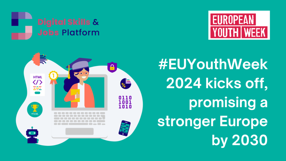 DSJP | EU Youth Week 2024 A green banner with an illustration of a young woman graduating in tech. Text next to illustration reads: "EU Youth Week kicks off, promising a stronger Europe by 2030"