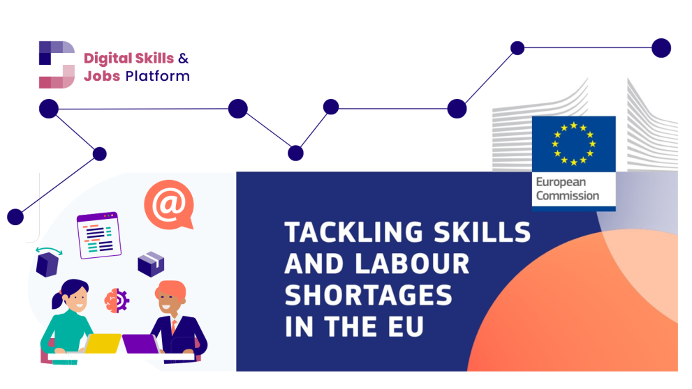 A banner with the logo of the European Commission and the DSJP. On the left side, an illustration with people working with the internet. On the right side, a blue-white banner with text. Text reads: "Tackling skills shortages in the EU" A banner with the logo of the European Commission and the DSJP. On the left side, an illustration with people working with the internet. On the right side, a blue-white banner with text. Text reads: "Tackling skills shortages in the EU"