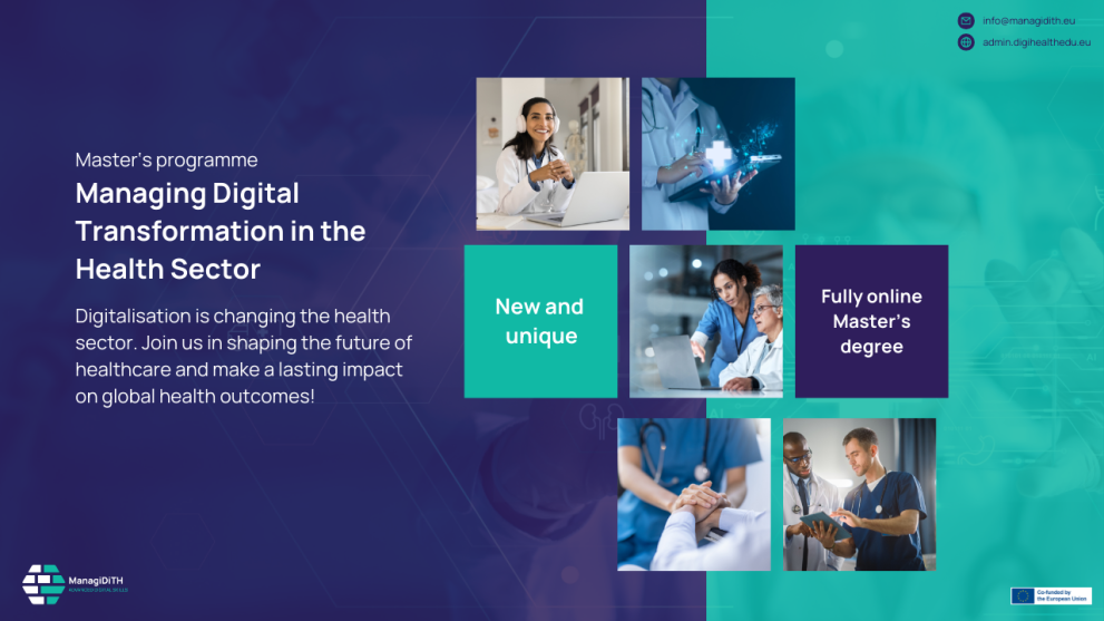 Master's of Managing Digital Transformation in the Health Sector Pictures of health care workers and short information about the master's programme