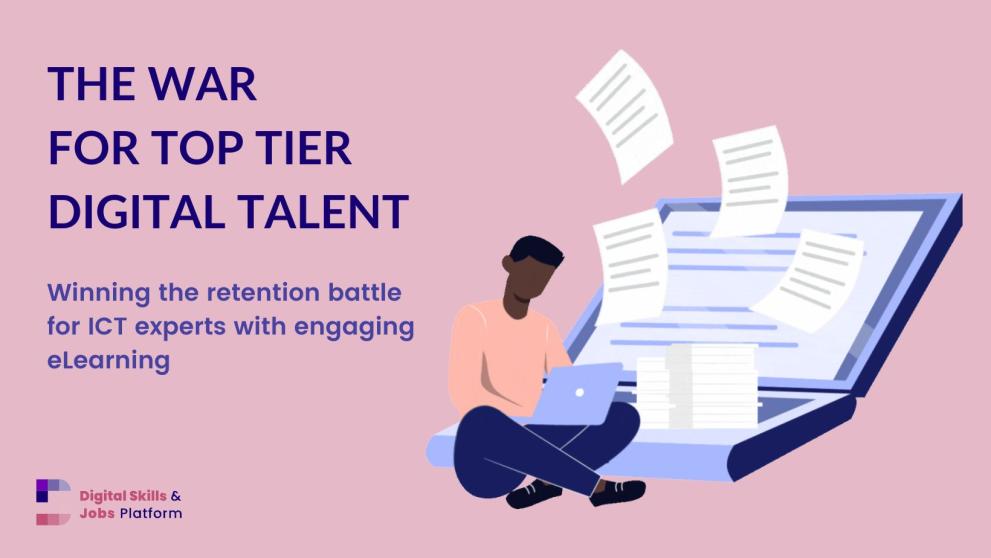 A pink cover banner with an illustration of a man working on several activities at the same time on a laptop and text. Text reads: 'The war for top tier digital talent: winning the retention battle for ICT experts through engaging eLearning'. A pink cover banner with an illustration of a man working on several activities at the same time on a laptop and text. Text reads: 'The war for top tier digital talent: winning the retention battle for ICT experts through engaging eLearning'.