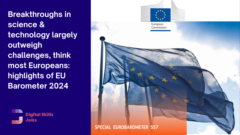Copyright: Eurobarometer The EU flag waving on a blue background with text. Text reads: Breakthroughs in science & technology largely outweigh challenges, think most Europeans: highlights of the 2024 special EU Barometer
