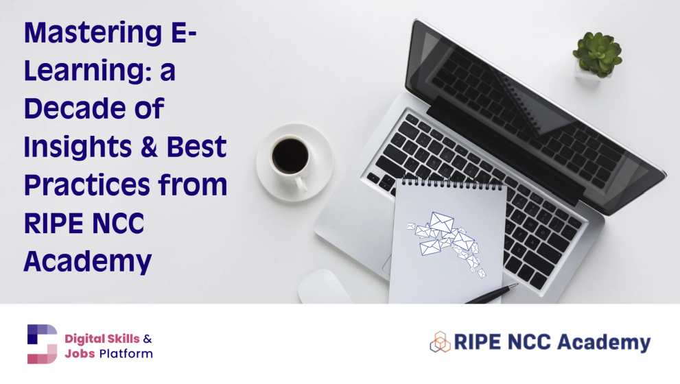 An image of a laptop with coffee and the logo of the Platform, with text. Text reads: Mastering E-Learning: a Decade of Insights & Best Practices from the RIPE NCC Academy