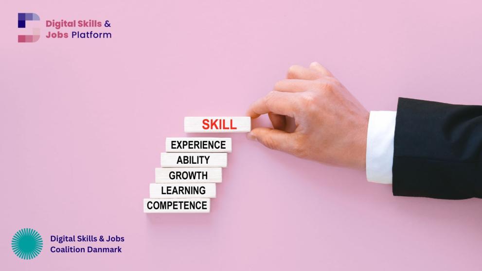 An image on pink background of a hand, which stacks words on top of one another, with the logos of the Digital Skills & Jobs Platform and the Danish National Coalition for Digital Skills and Jobs An image on pink background of a hand, which stacks words on top of one another, with the logos of the Digital Skills & Jobs Platform and the Danish National Coalition for Digital Skills and Jobs