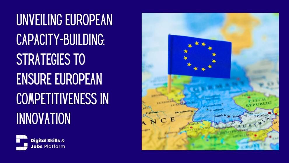 The flag of Europe pinned on a map with a toothpick; on blue background with white text. Text reads: Unveiling European Capacity-Building: Strategies to Ensure European Competitiveness in Innovation The flag of Europe pinned on a map with a toothpick; on blue background with white text. Text reads: Unveiling European Capacity-Building: Strategies to Ensure European Competitiveness in Innovation