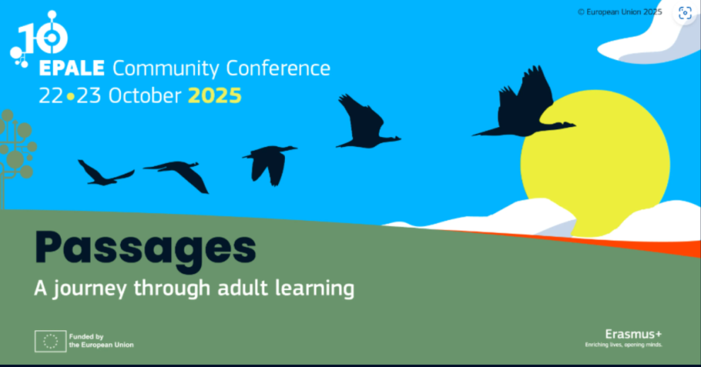 EPALE Community Conference 22 -23 October 2025 Passages This is the visual for the EPALE Community Conference it includes birds flying toward the Sun.
