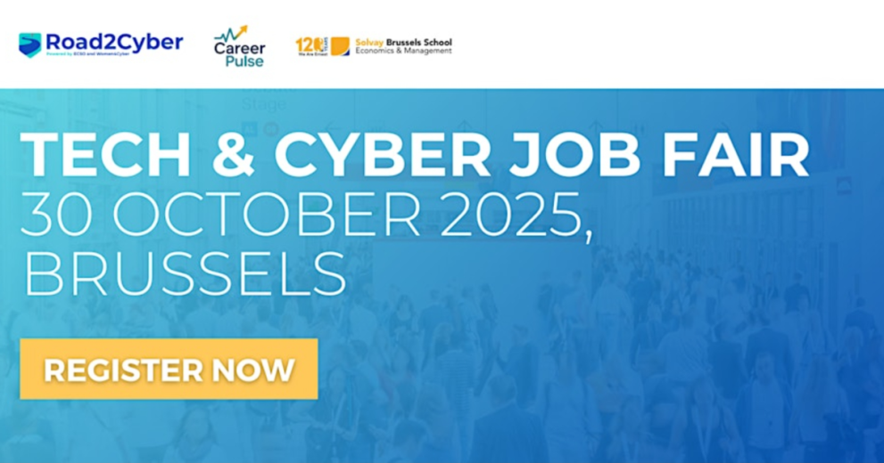 Tech & Cyber Job Fair powered by Road2Cyber 30 October 2025, Brussels The picture showcases the visual for the event, the name and the date of the event. It includes the "Register" sign.