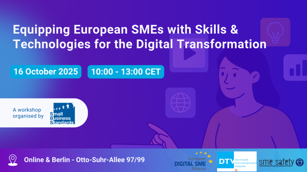 A poster image announcing the workshop on SMEs by Digital SME Alliance and Small Business Standards 