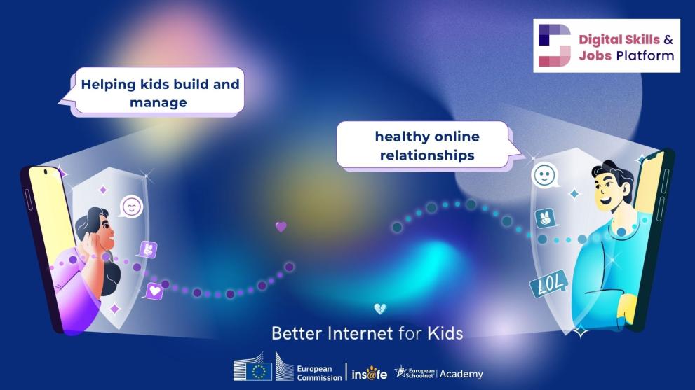 BIC MOOC announcement poster: 2 people, whose heads are coming out through computer screens and 2 speech bubbles, with text. Text reads: "helping children build and maintain" and "healthier relationships online". BIC MOOC announcement poster: 2 people, whose heads are coming out through computer screens and 2 speech bubbles, with text. Text reads: "helping children build and maintain" and "healthier relationships online".