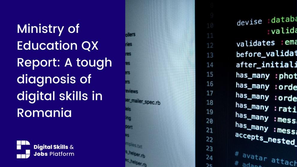 An image of code on blue background with text. Text reads: Romanian Ministry of Education Report: a tough diagnosis of digital skills in Romania