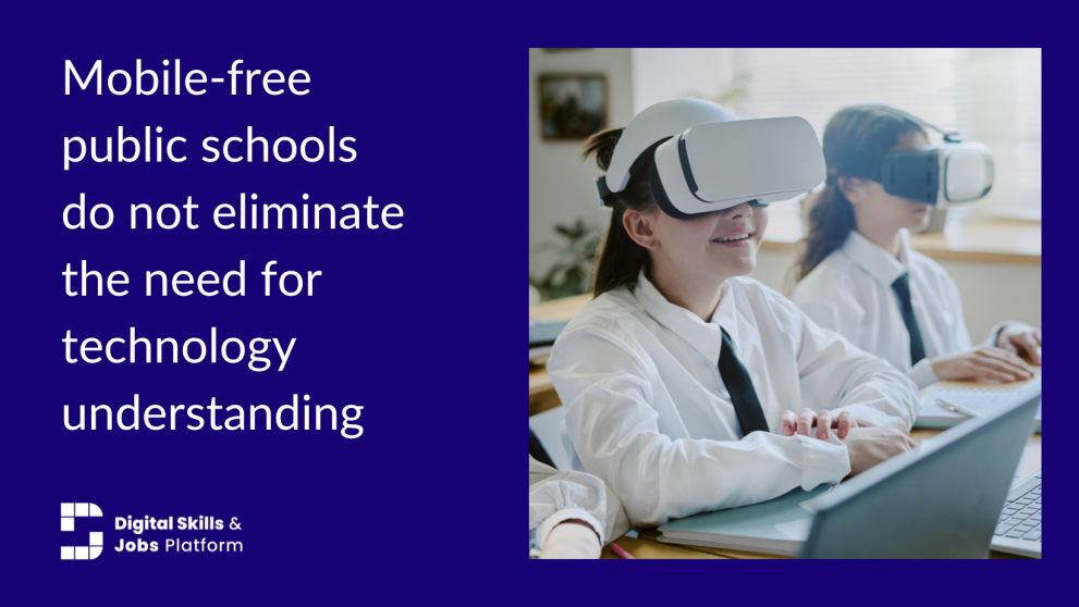 A photo of two school children with VR glasses on blue background, with white text. Text reads: "Mobile-free public schools do not eliminate the need for technology understanding"