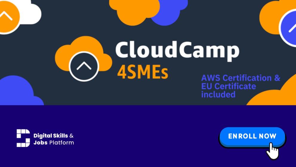A blue banner with the DSJP logo, an image with the logo of CloudCamp4SMEs and a button with text "Enrol now". 