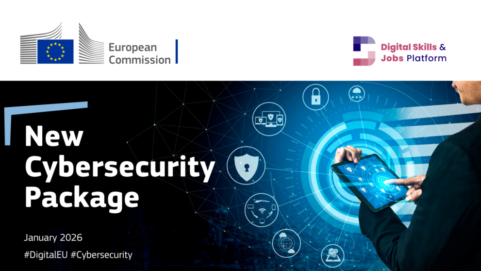 An black image of a man working with digital technologies, with the logos of the European Commission and the Digital Skills & Jobs Platform, with text. Text reads: "New Cybersecurity Package"