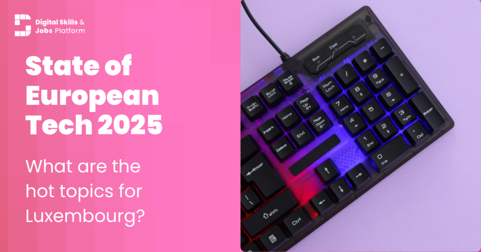 A photo of a keyboard on purple and pink background, with white text. Text reads: "State of European Tech 2025: what are the hot topics for Luxembourg?"