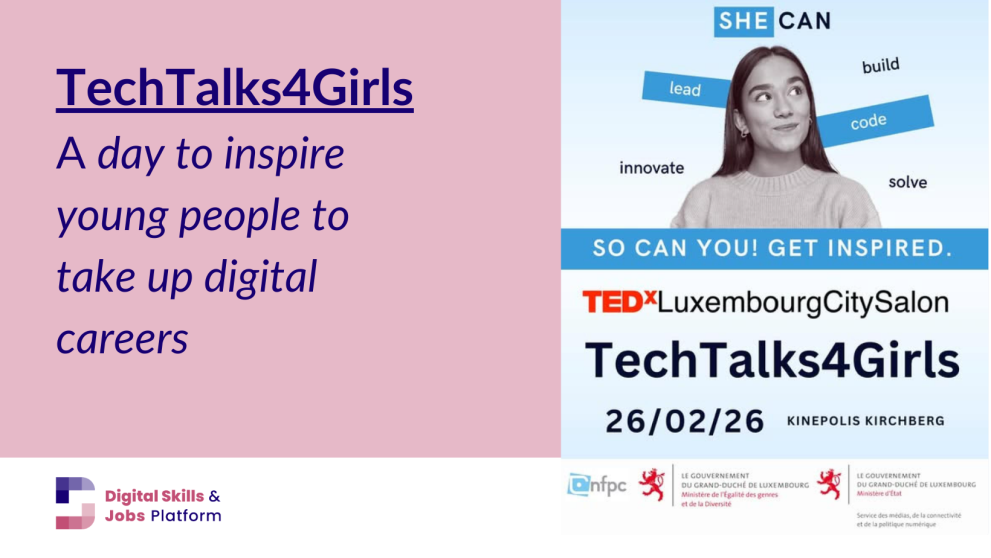 An image of the event poster for TechTalks for Girls, on light pink background, with text. Text reads: "TechTalks4Girls: a day to inspire young people to embark on digital careers"