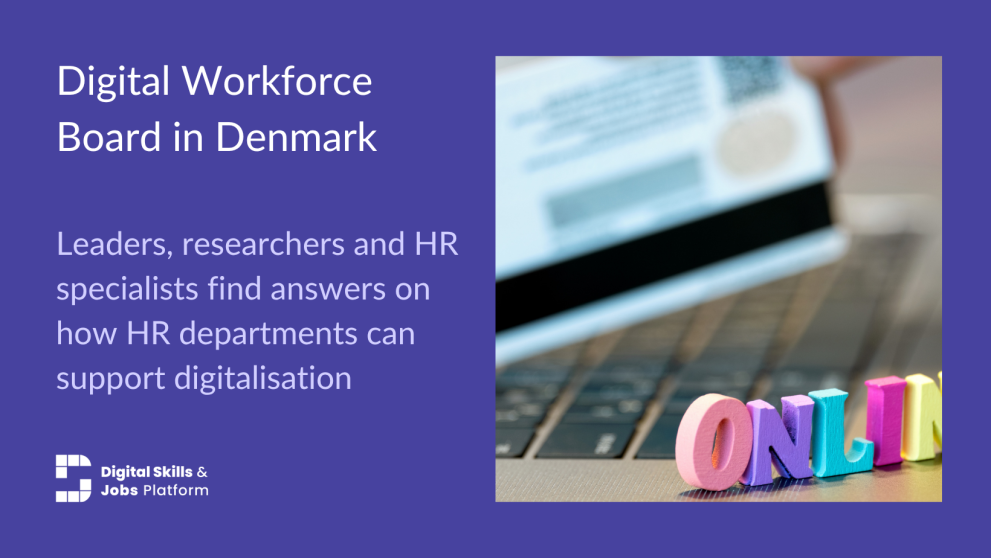 A digital image on purple background, with text. Text reads: Digital Workforce Board: Leaders, researchers and HR specialists find answers on how HR departments best support digitalisation