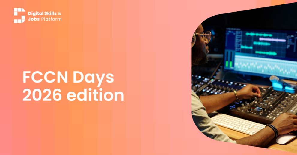 An image of a man working on a computer on an orange background, with white text. Text reads: "FCCN Days 2026 edition"