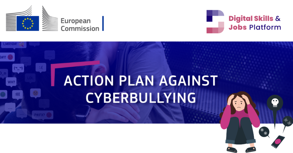 An image of the EU poster on the Action Plan for Cyberbullying on blue and white background, with text. Text reads: "Action Plan against Cyberbullying"