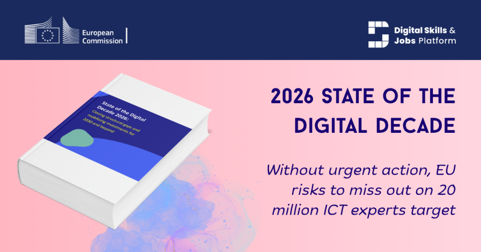 An illustration of a report book on pink background, with text. Text reads: "State of the Digital Decade 2026: without urgent action, EU risks to miss out on 20 million ICT experts target".