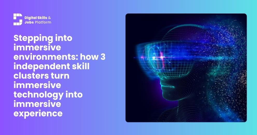 An image of a robot with VR glasses on gradient blue and purple background, with white text. Text reads: "Stepping into immersive environments: how 3 independent skill clusters turn immersive technology into immersive experience"