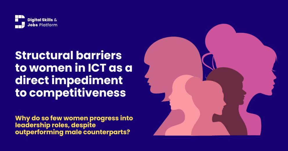 An image of pinkish female faces in profile on dark blue background, with text. Text reads: ​Structural barriers to women in ICT as a direct impediment to competitiveness  