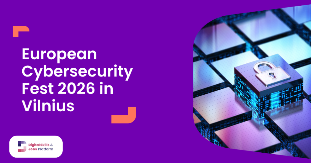 An image of a lock on digital blocks on purple background, with white text. Text reads: "European Cybersecurity Fest - Vilnius"