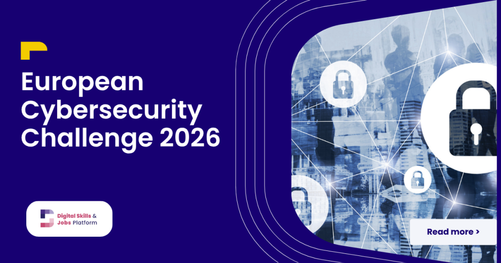 A visualisation of a network security lock on blue background, with white text. Text reads: "European Cybersecurity Challenge 2026".  