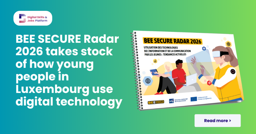 An image of the cover of the BEE SECURE Radar 2026 report on green-ish background, with white text. Text reads: "BEE SECURE Radar 2026 takes stock of how young people in Luxembourg use digital technology"