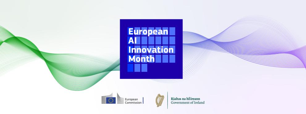 'European AI Innovation Month' is written in a blue square in the centre of the image. Flowing digital-adjacent visuals are in the background in green and purple.