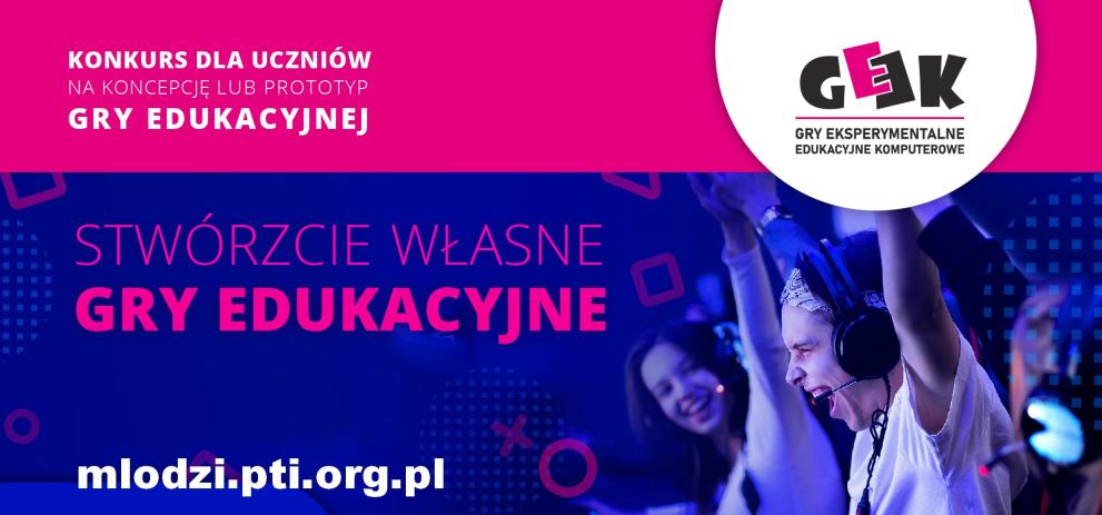 visual of the GEEK competition with title in Polish and an image of people raising their arms in exultation