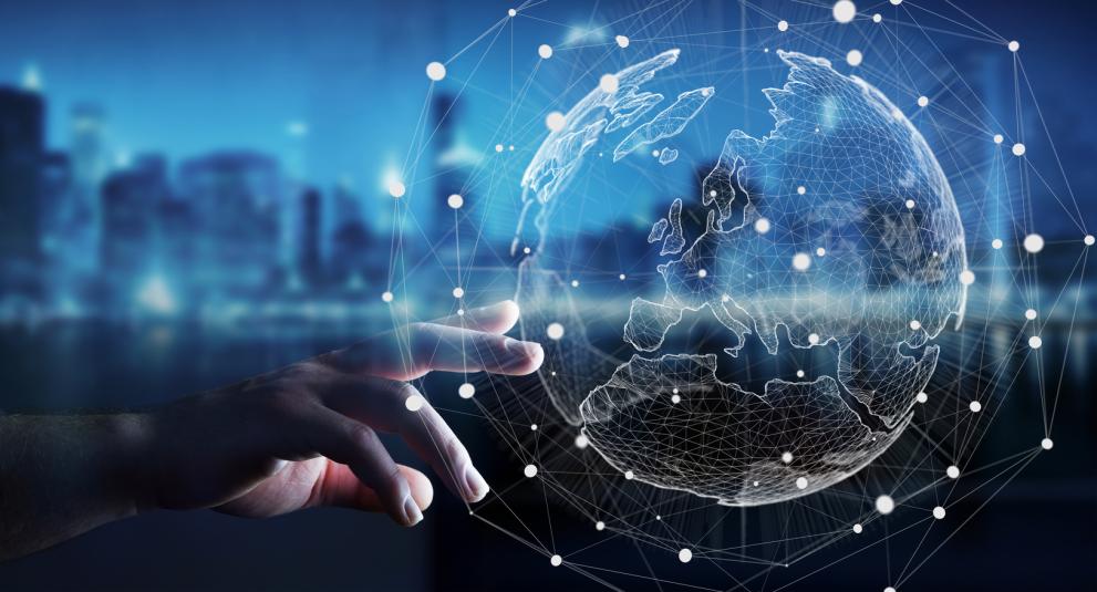 © Greek National Coalition for Skills and Jobs Decorative image of digital transformation, hand approaching a model of the Earth digitally showed
