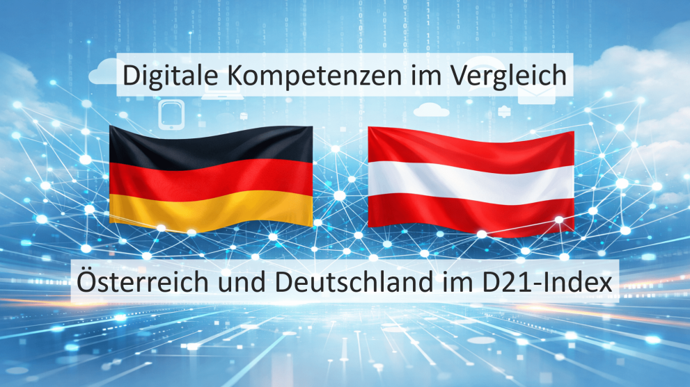 Flaggen Deutschlands und Österreichs, Text: Digitale Kompetenzen im Vergleich - Deutschland und Österreich im D21-Index