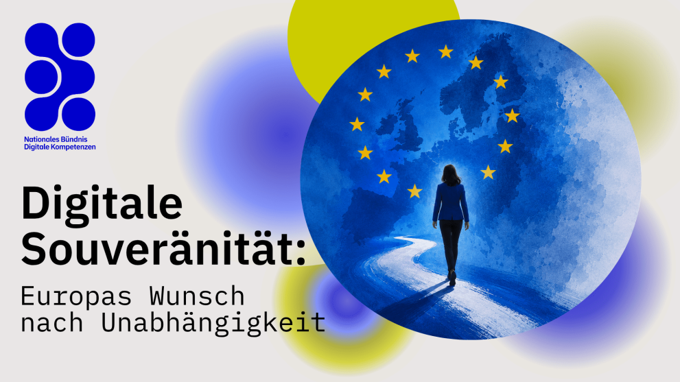 Infographic on Europe’s digital sovereignty featuring a map of the EU and stars, a person walking along a path, and the title ‘Digital Sovereignty: Europe’s Desire for Independence’