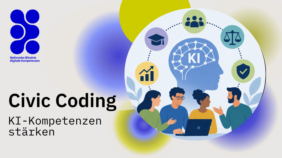 Graphic titled “Civic Coding – Strengthening AI Skills,” showing diverse people around a laptop and an AI head surrounded by icons for education, society, ethics, security, and growth.