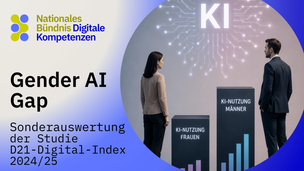 Graphic on the “Gender AI Gap”: A woman and a man stand next to columns of varying heights representing AI usage by women and men. Title: “Special Analysis of the D21 Digital Index 2024/25 Study”