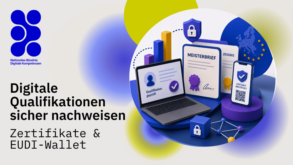 Graphic illustrating digital proof of qualifications featuring a laptop, a master craftsman’s certificate, a diploma, and a smartphone with digital authentication; title: “Securely Verifying Digital Qualifications – Certificates & EUDI Wallet”
