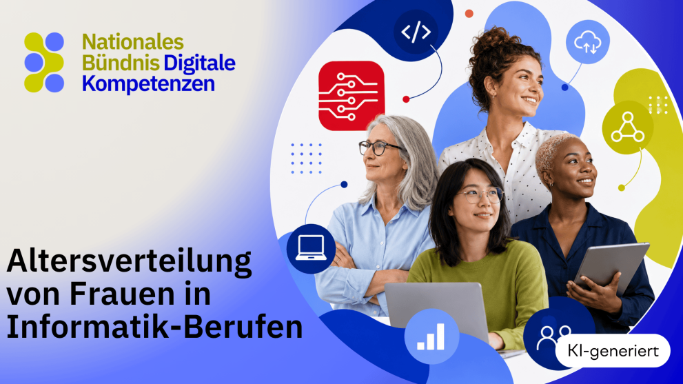  Graph illustrating the age distribution of women in IT professions, featuring four women of different ages, a laptop and a tablet, as well as symbols representing digital technologies; caption: “AI-generated”
