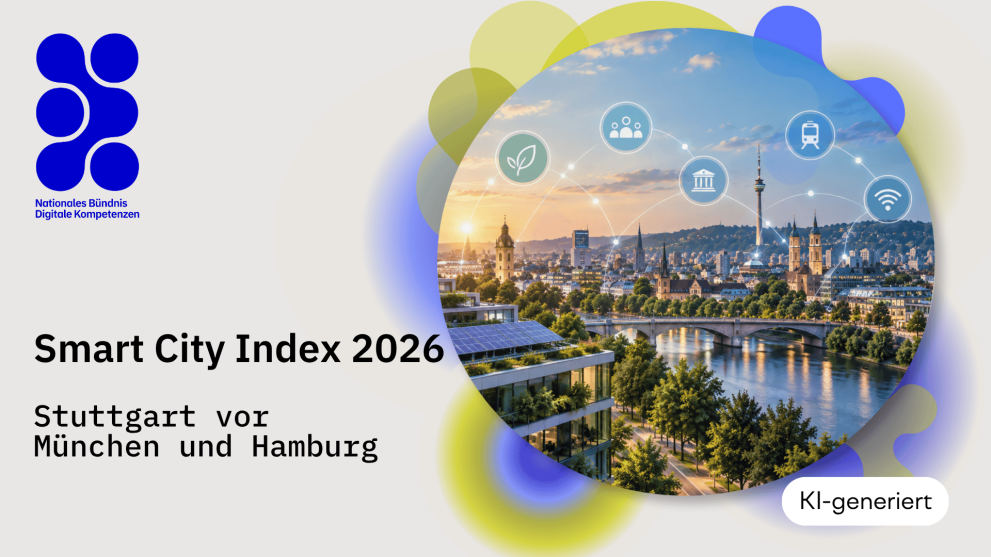 Circular smart city graphic featuring a digitally connected urban landscape, a river, a bridge and a solar power plant. Icons represent mobility, administration, the environment, society and digital infrastructure.