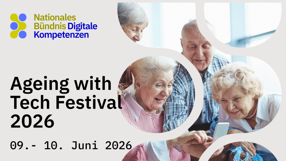 A group of older adults looks at a smartphone together. Announcement for the Aging with Tech Festival