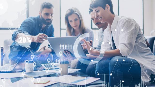 Team working together with data lines and map imagery