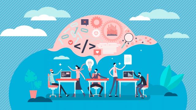 Vector image of a team of people collaborating together to create solutions