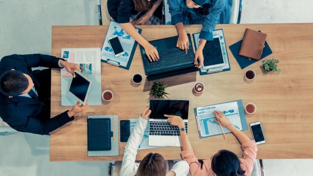 Top view of team working together