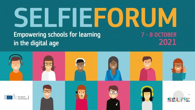 Graphic design of the SELFIE Forum 2021 with various human cartoon figures  and the name and date of the event