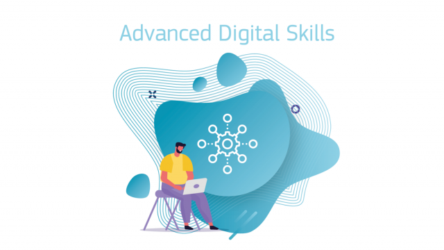logo of the Advanced digital skills programme with a cartoon colourful man using a computer
