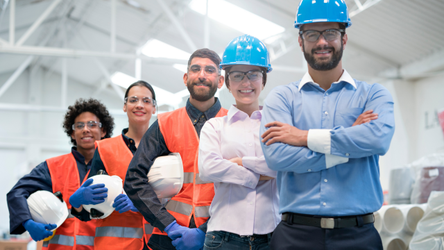a group photo of factory workers, each man and woman with their helmet and work overalls