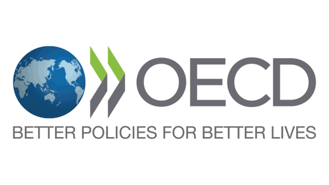 Logo of the OECD. Planet Earth is on the left with two arrow heads next to it pointing right with OECD written next to it. Text below states "better policies for better lives"