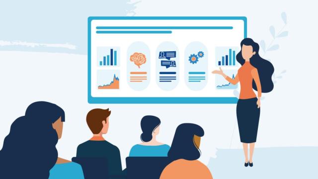 a cartoon lady teaching a class