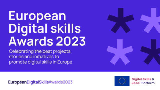 European Digital Skills Awards 2023 and cartoon stars - plus the logo of the EU and that of the Digital Skills and Jobs Platform